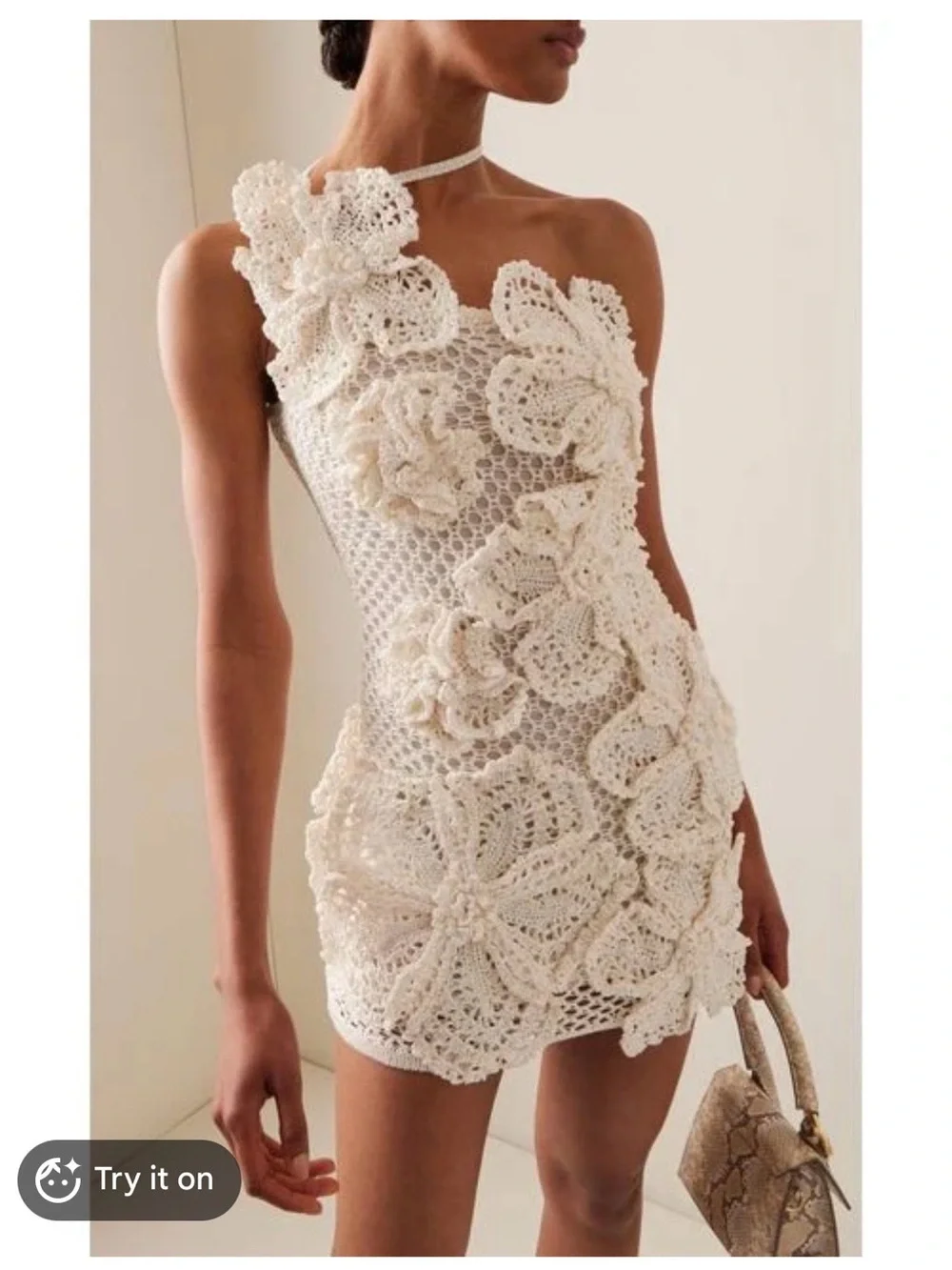 cult gaia Crochet One-Shoulder Floral Mini Dress in Cream - Picture 1 of 4